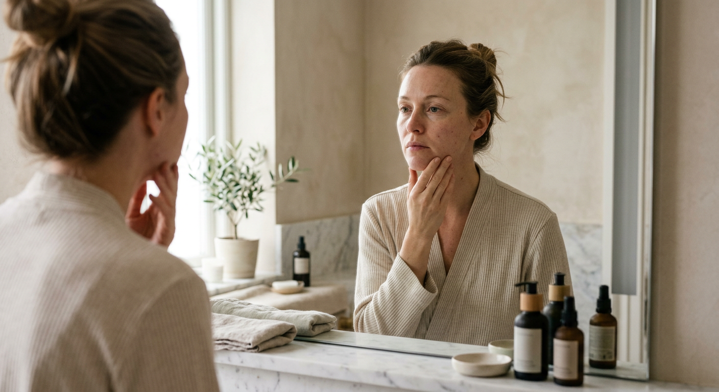 A woman examines her skin in a bathroom mirror at morning